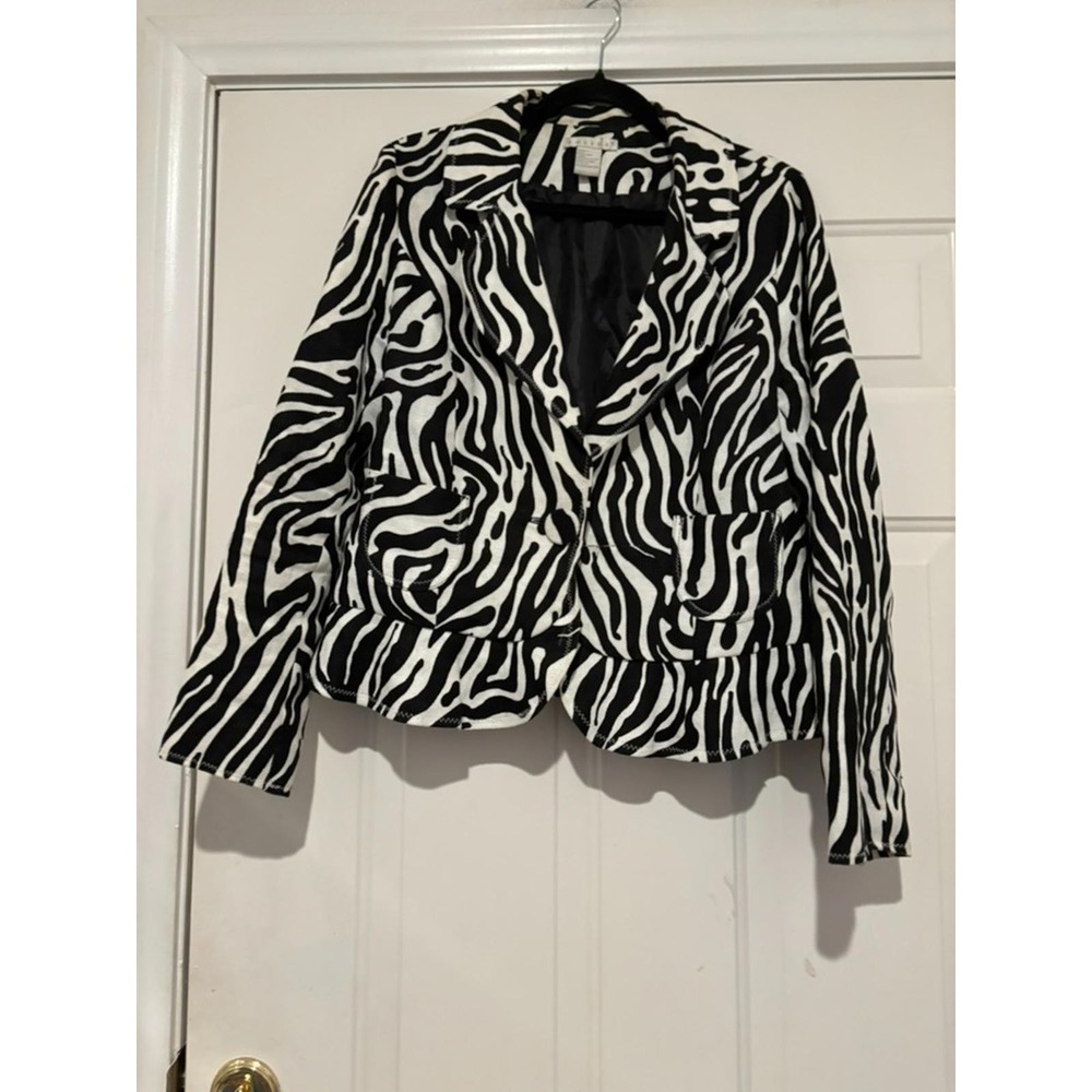 Women's sz L Tweeds zebra animal print black/white short linen jacket #1190
